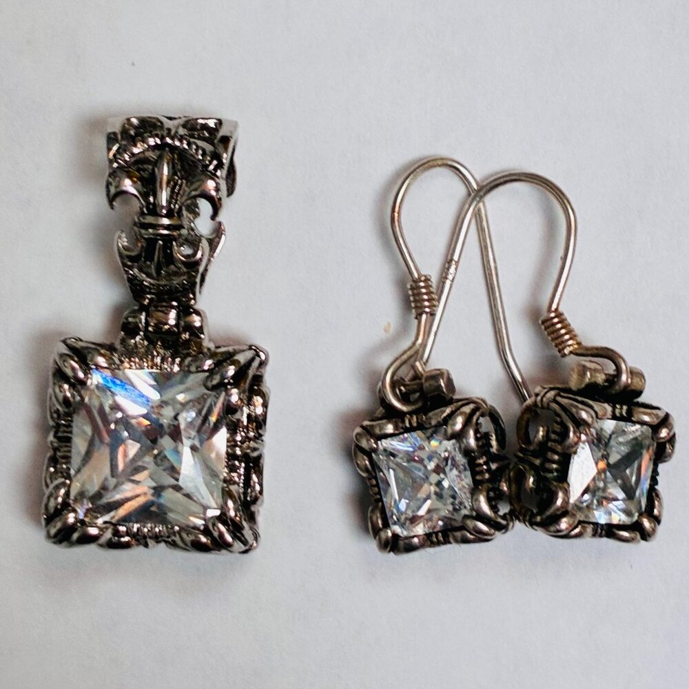 Silpada Retired Uptown Clear CZ Fleur de Lis 925 Pendant and 925 CZ Earrings